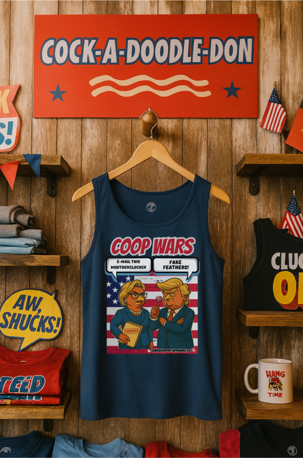 Coop Wars™ Unisex Tank Top – Hilaregg Cluckton vs. Cock-a-Doodle-Don | Political Satire Sleeveless Tee