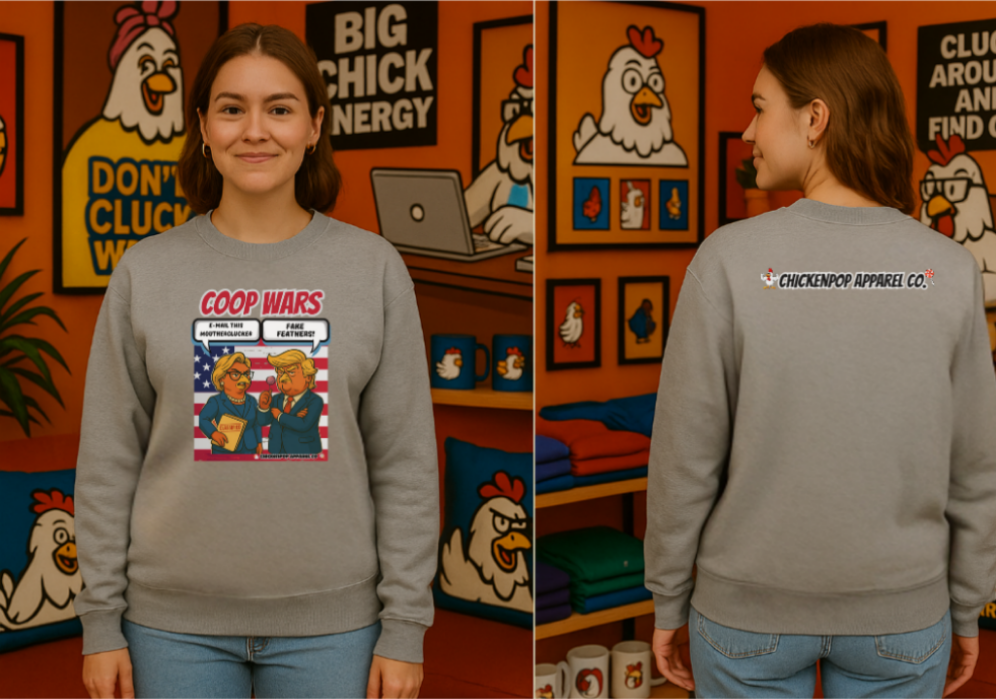 Coop Wars Crewneck Sweatshirt – Funny Political Graphic Pullover | Unisex Heavy Blend with ChickenPop Logo | Ethically Made & Cozy Cold-Weather Humor
