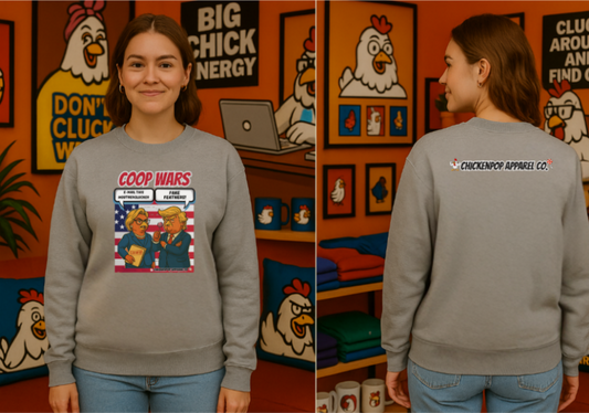 Coop Wars Crewneck Sweatshirt – Funny Political Graphic Pullover | Unisex Heavy Blend with ChickenPop Logo | Ethically Made & Cozy Cold-Weather Humor