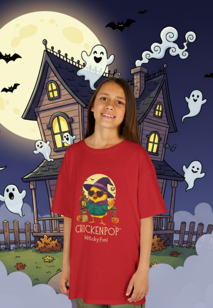 Sunny the Witchy Chick Kid’s Halloween Tee | ChickenPop Lil’ Cluckers Wicktastic Fun Shirt