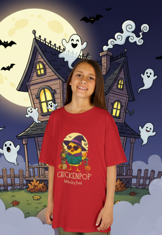 Sunny the Witchy Chick Kid’s Halloween Tee | ChickenPop Lil’ Cluckers Wicktastic Fun Shirt