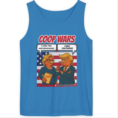 Coop Wars™ Unisex Tank Top – Hilaregg Cluckton vs. Cock-a-Doodle-Don | Political Satire Sleeveless Tee