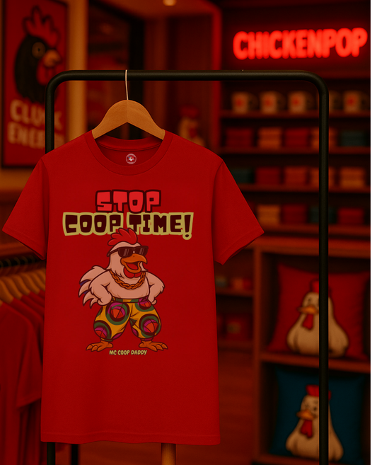 Stop COOP TIME! Funny Chicken T-Shirt – MC Coop Daddy 90s Hip Hop Parody Tee | Unisex Heavy Cotton | ChickenPop Apparel