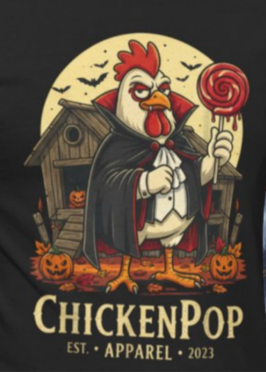 ChickenPop Sucker For a Pop Vampire Rooster Halloween T-Shirt – Funny Spooky Graphic Tee for Fall & Costume Season