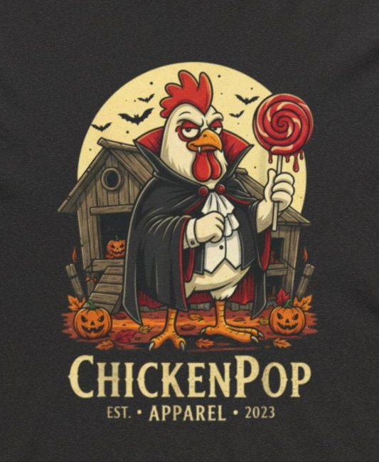 ChickenPop Vampire Rooster Halloween T-Shirt – Funny Spooky Graphic Long Sleeve Hooded, Tee for Fall & Costume Season UNISEX