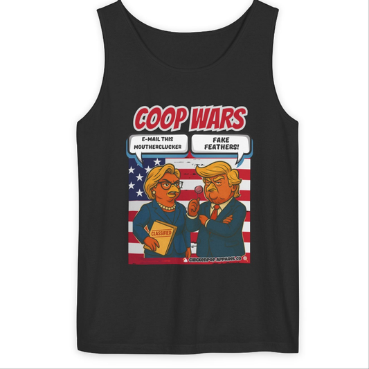 Coop Wars™ Unisex Tank Top – Hilaregg Cluckton vs. Cock-a-Doodle-Don | Political Satire Sleeveless Tee