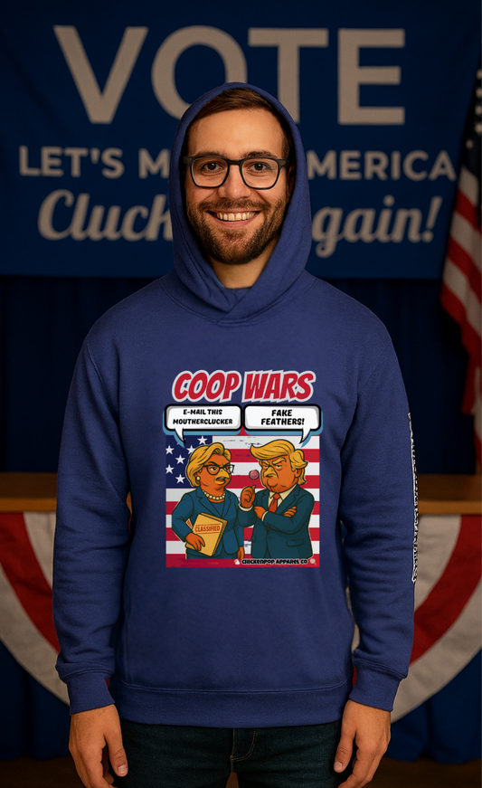 Coop Wars Long Sleeve Hooded T-Shirt – Unisex Lightweight Hoodie Tee with ChickenPop Sleeve Logo | Funny Political Graphic Pullover for Everyday Rebels