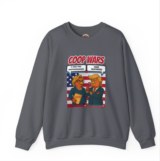 Coop Wars Crewneck Sweatshirt – Funny Political Graphic Pullover | Unisex Heavy Blend with ChickenPop Logo | Ethically Made & Cozy Cold-Weather Humor