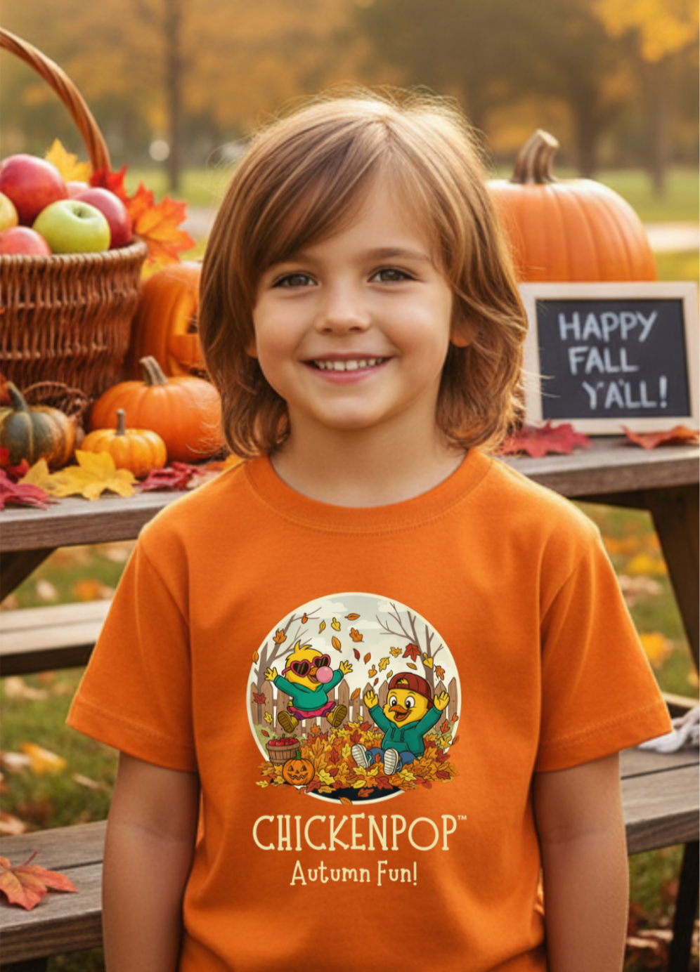 Kids Tee - Lil’ Cluckers 'Autumn Fun' ChickenPop Shirt in orange with cartoon chickens playing in fall leaves, perfect for pumpkin patch outings.