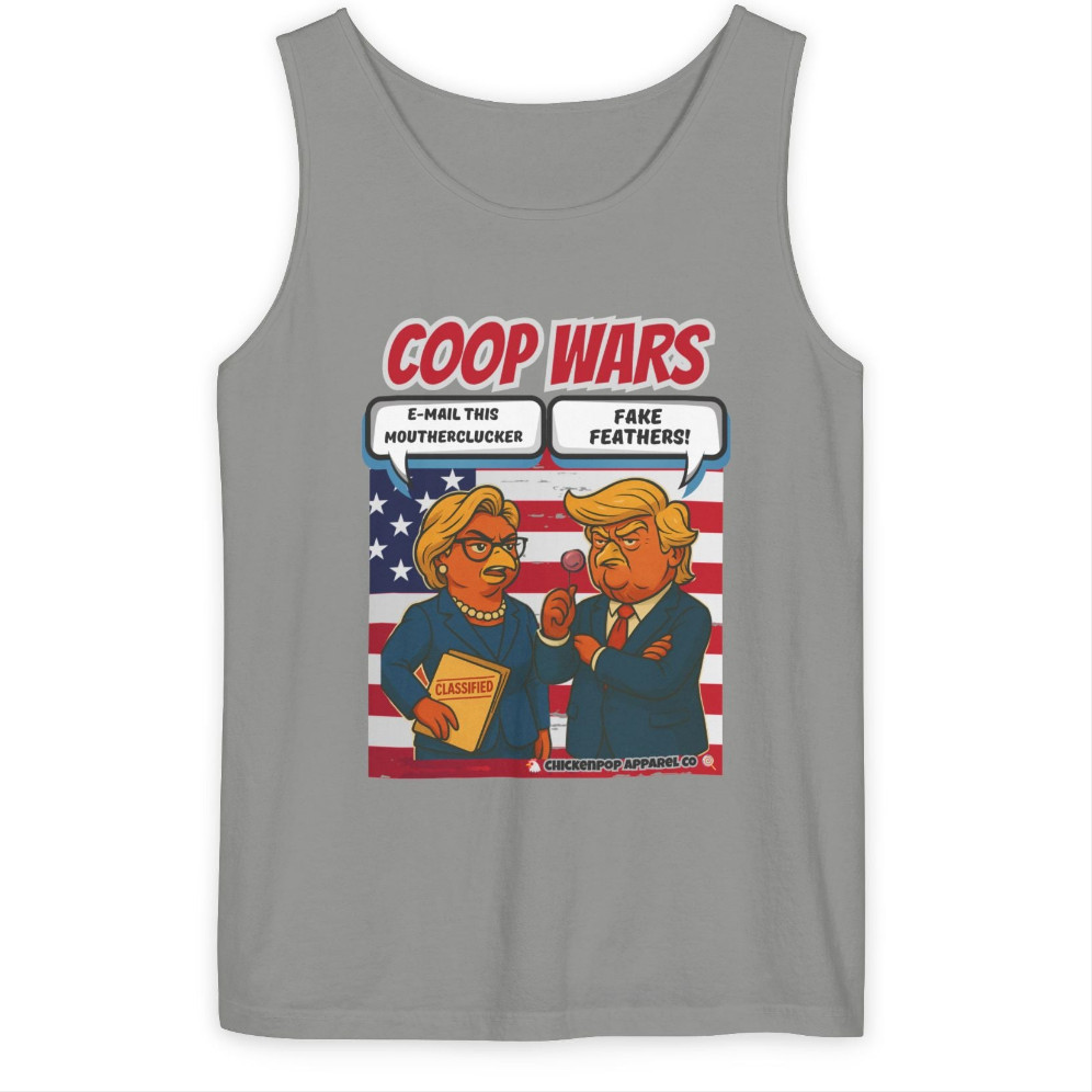 Coop Wars™ Unisex Tank Top – Hilaregg Cluckton vs. Cock-a-Doodle-Don | Political Satire Sleeveless Tee