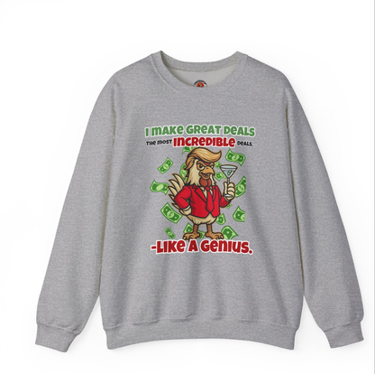 Like A Genius Crewneck Sweatshirt – Funny Political Graphic Pullover | Unisex Heavy Blend with ChickenPop Logo | Ethically Made & Cozy Cold-Weather Humor