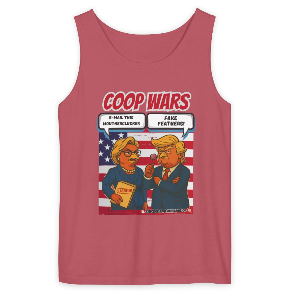 Coop Wars™ Unisex Tank Top – Hilaregg Cluckton vs. Cock-a-Doodle-Don | Political Satire Sleeveless Tee