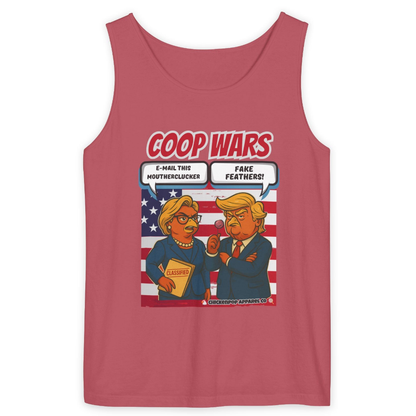 Coop Wars™ Unisex Tank Top – Hilaregg Cluckton vs. Cock-a-Doodle-Don | Political Satire Sleeveless Tee