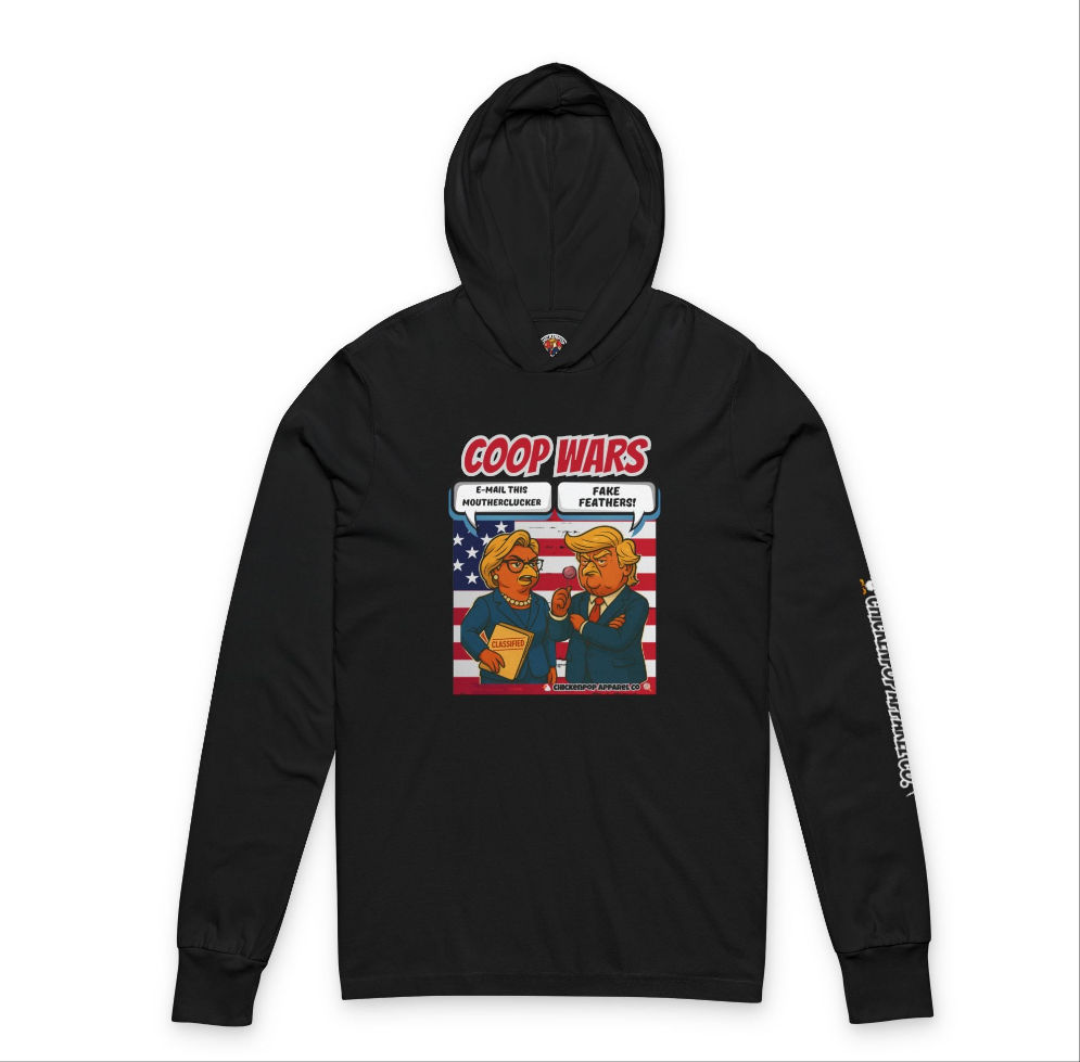 Coop Wars Long Sleeve Hooded T-Shirt – Unisex Lightweight Hoodie Tee with ChickenPop Sleeve Logo | Funny Political Graphic Pullover for Everyday Rebels