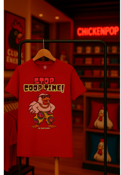 Stop COOP TIME! Funny Chicken T-Shirt – MC Coop Daddy 90s Hip Hop Parody Tee | Unisex Heavy Cotton | ChickenPop Apparel
