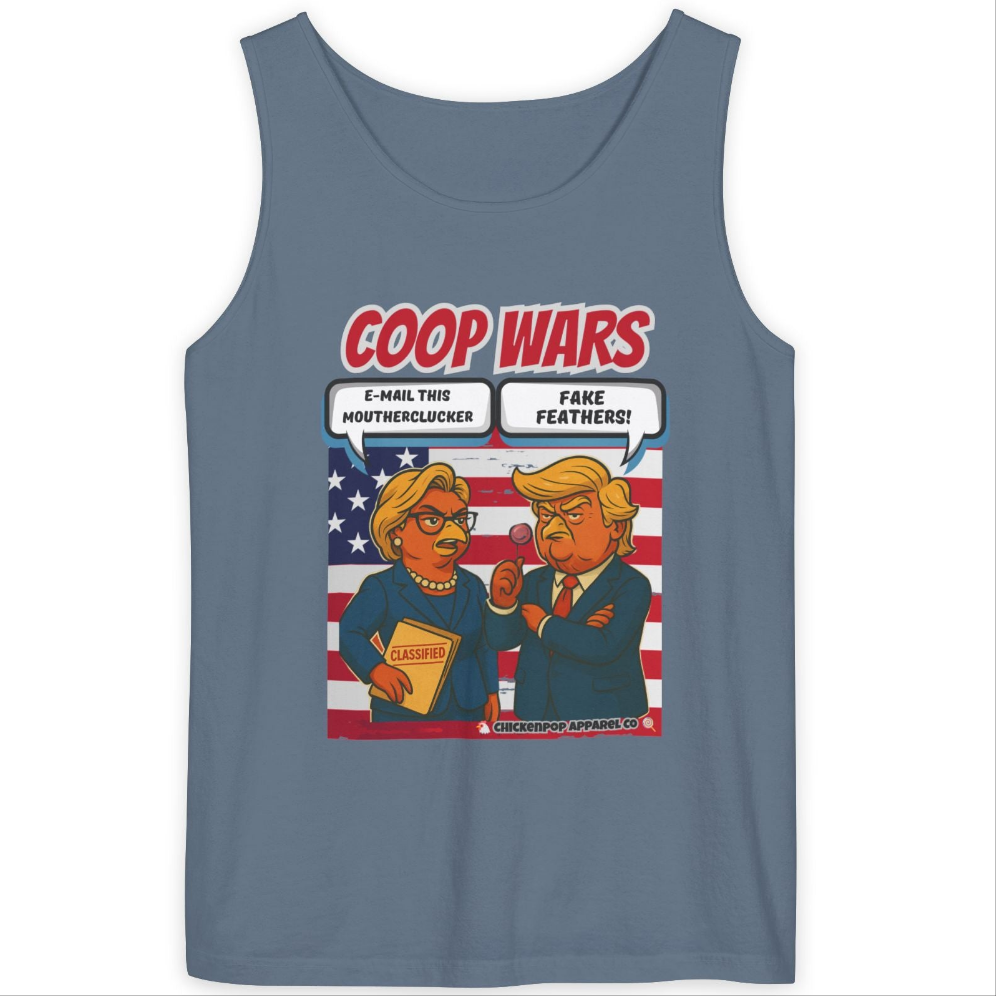 Coop Wars™ Unisex Tank Top – Hilaregg Cluckton vs. Cock-a-Doodle-Don | Political Satire Sleeveless Tee