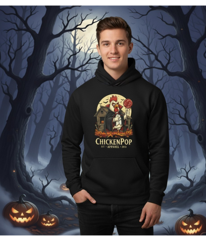 ChickenPop Vampire Rooster Halloween T-Shirt – Funny Spooky Graphic Long Sleeve Hooded, Tee for Fall & Costume Season UNISEX