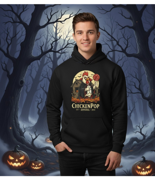 ChickenPop Vampire Rooster Halloween T-Shirt – Funny Spooky Graphic Long Sleeve Hooded, Tee for Fall & Costume Season UNISEX