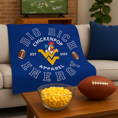 ChickenPop Apparel Big Rich Energy Original Logo Velveteen Plush Blanket Royal Blue
