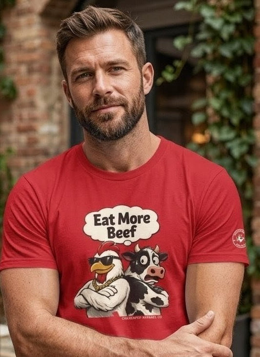 Eat More Beef Funny Chicken Shirt | Coop Daddy Parody Tee | Farm Animal Humor Graphic T-Shirt | Big Chick Energy Apparel