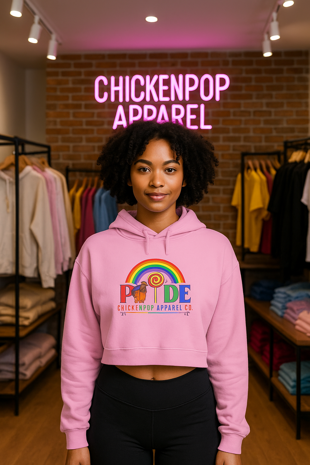 Big Chick Energy™ Pride Cropped Hoodie – Rainbow LGBTQ+ Logo with Coop Daddy & Lollipop Icon | ChickenPop Apparel