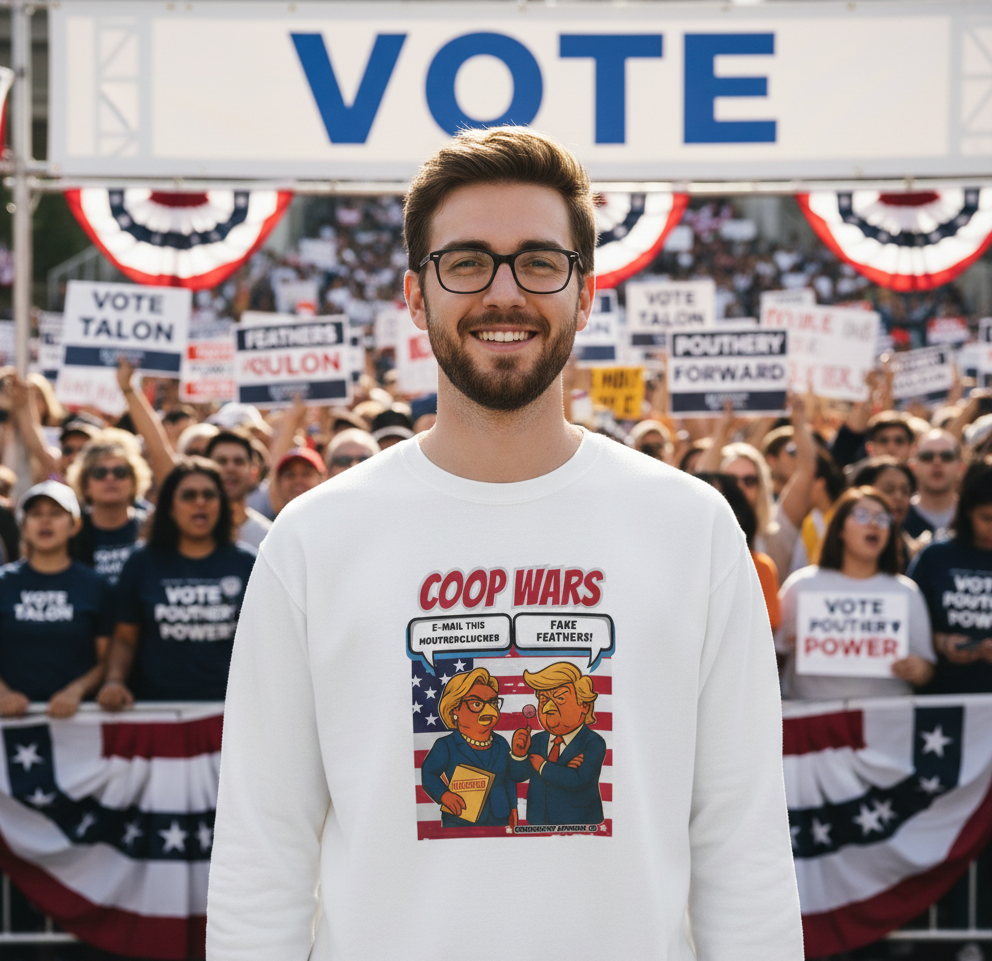 Coop Wars Crewneck Sweatshirt – Funny Political Graphic Pullover | Unisex Heavy Blend with ChickenPop Logo | Ethically Made & Cozy Cold-Weather Humor