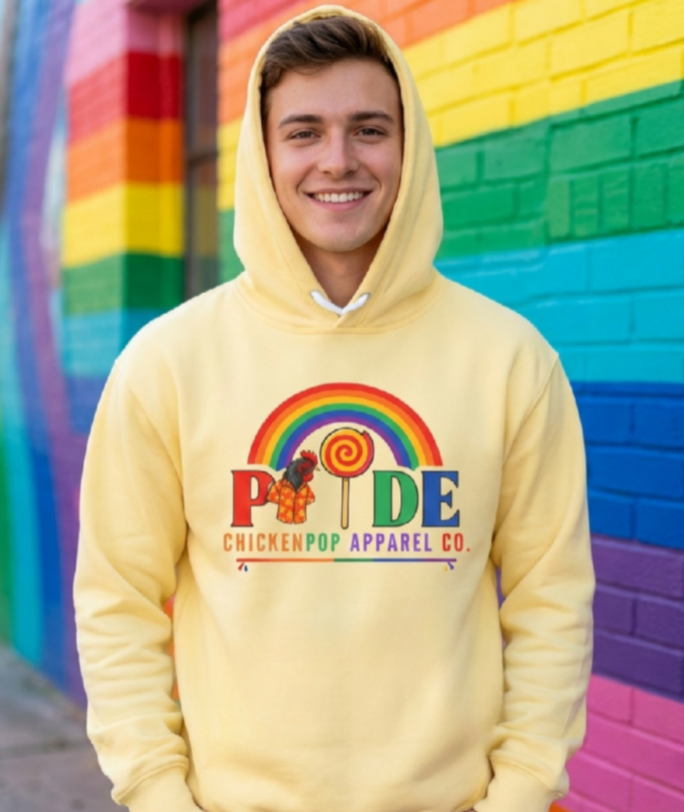 ChickenPop Apparel Co. Pride Rainbow Hoodie – Unisex LGBTQ Graphic Hoodie with Chicken & Lollipop Logo |