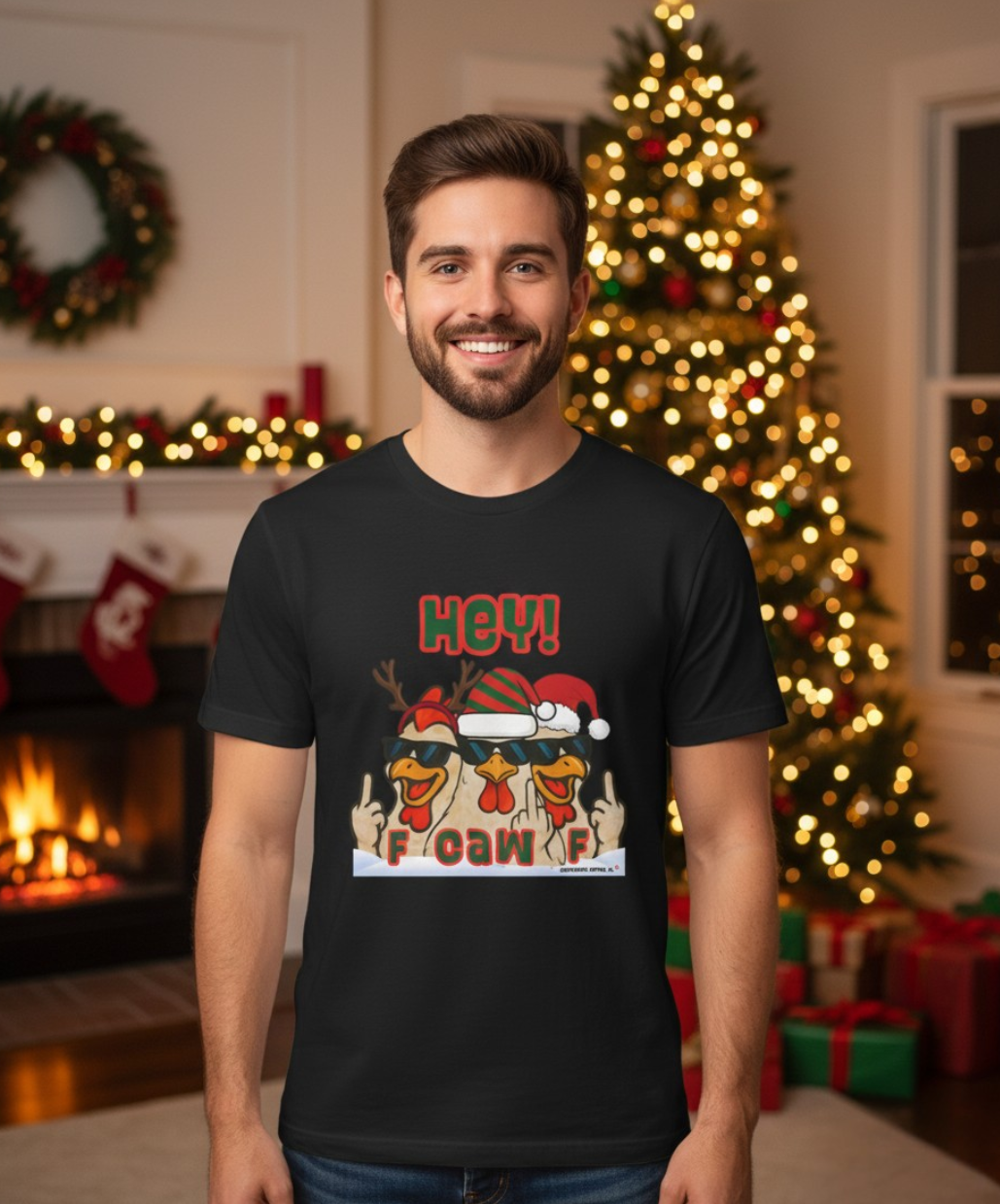 Hey! F CAW F Christmas Chicken T-Shirt | Funny Holiday Rooster Tee