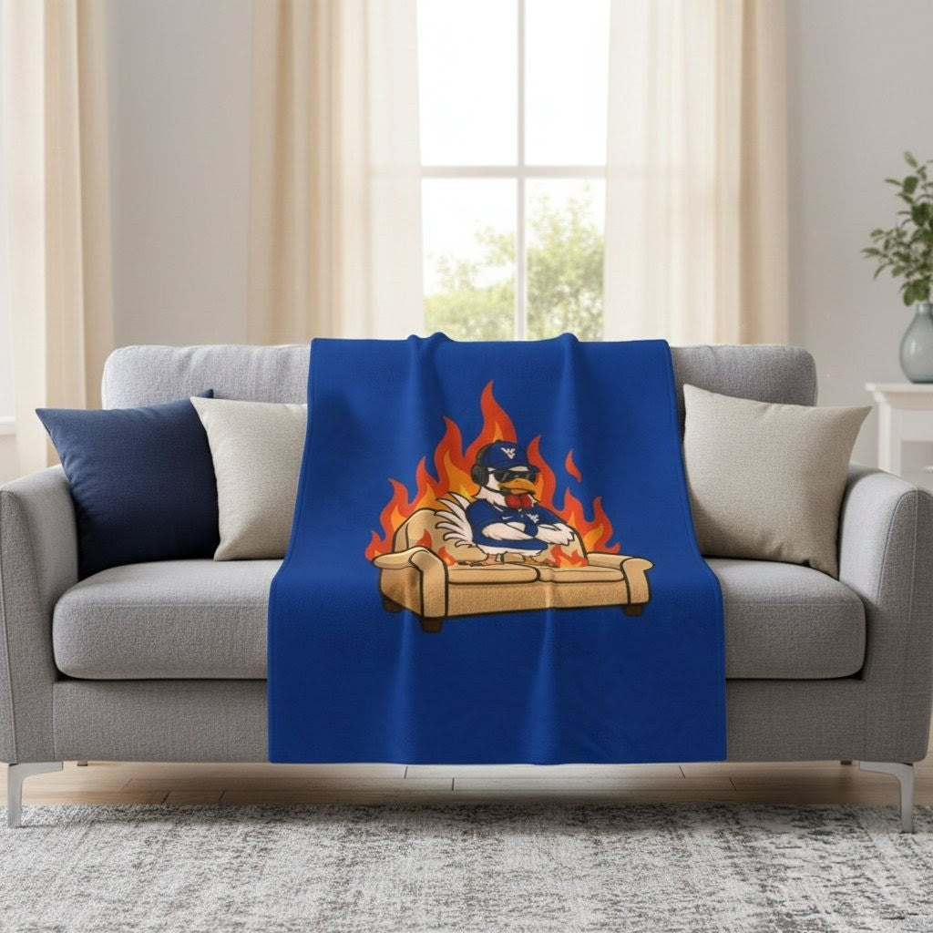 Big Rich Energy™ “Burning Down the Couch” Velveteen Plush Blanket – Funny Chicken Meme Throw Blanket, Cozy Gift for WV Fans & Couch Potato Legends