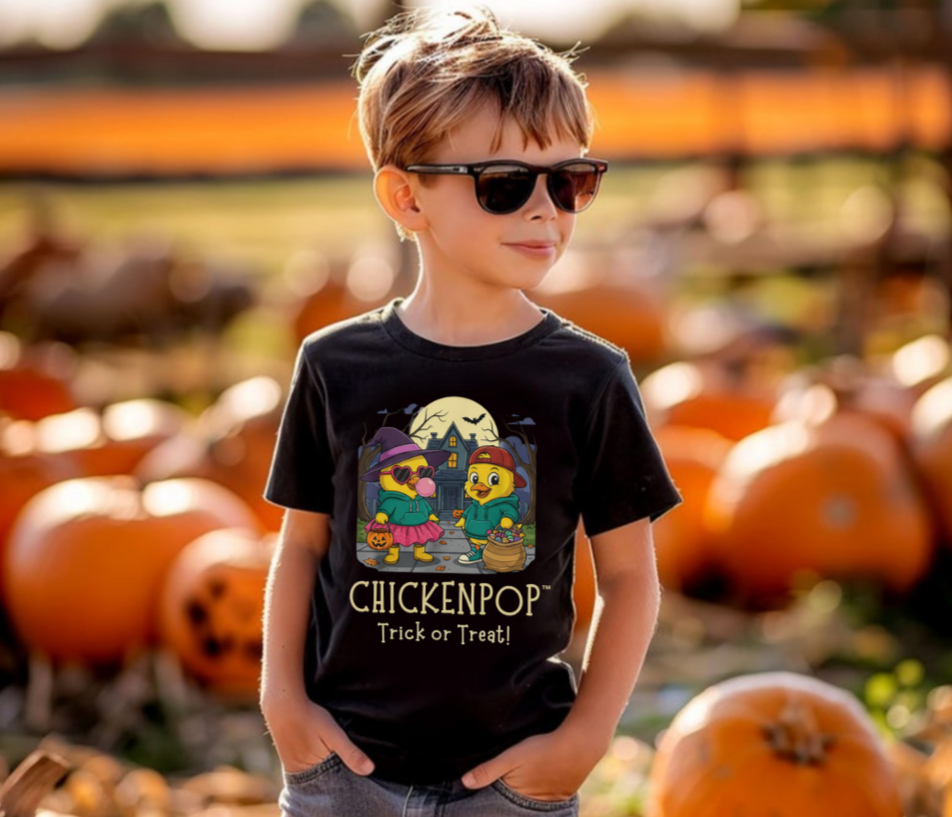 Halloween chicken shirt for kids featuring Sunny & Scramble in costumes, perfect for trick-or-treating in a pumpkin patch setting.