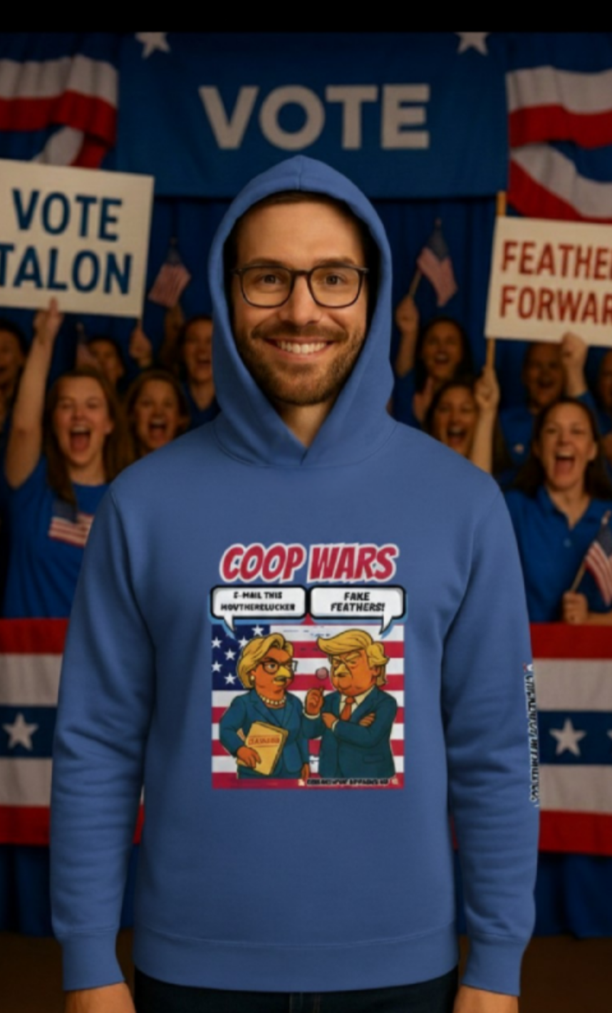 Coop Wars Long Sleeve Hooded T-Shirt – Unisex Lightweight Hoodie Tee with ChickenPop Sleeve Logo | Funny Political Graphic Pullover for Everyday Rebels