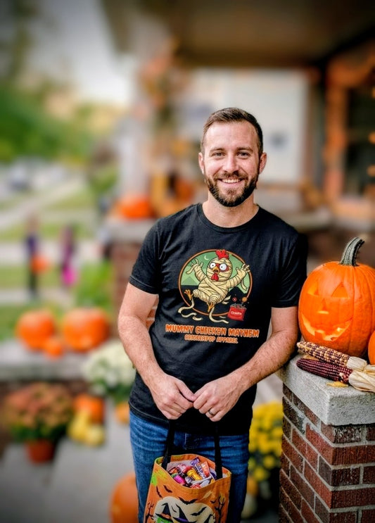 ChickenPop Apparel Mummy Chicken Mayhem T-Shirt | Funny Halloween Farm Tee | Spooky Poultry Pun Shirt | Trick-or-Treat Gift