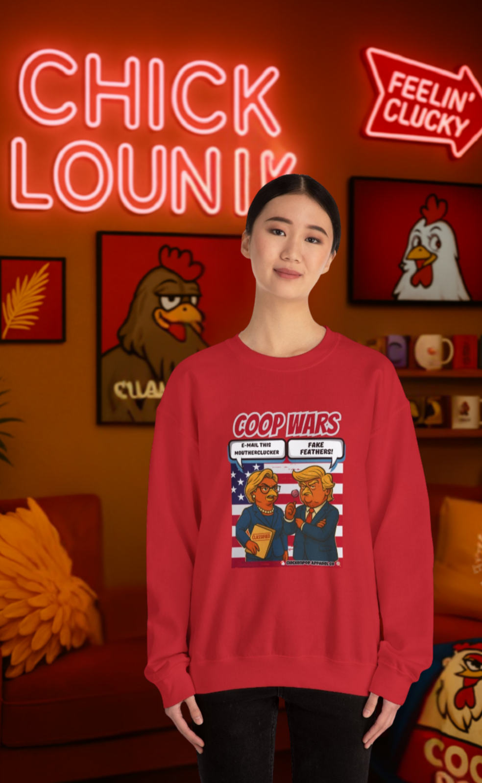 Coop Wars Crewneck Sweatshirt – Funny Political Graphic Pullover | Unisex Heavy Blend with ChickenPop Logo | Ethically Made & Cozy Cold-Weather Humor