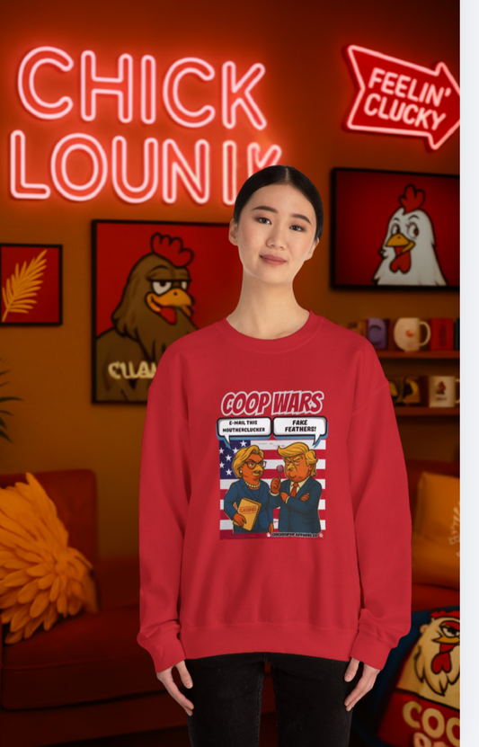 Coop Wars Crewneck Sweatshirt – Funny Political Graphic Pullover | Unisex Heavy Blend with ChickenPop Logo | Ethically Made & Cozy Cold-Weather Humor