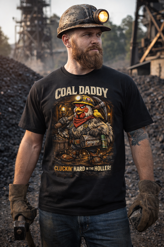 Coal Daddy “Cluckin’ Hard in the Holler” T-Shirt – Coop Daddy Underground Edition Black Graphic Tee | ChickenPop Apparel