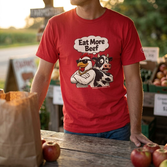 Eat More Beef Funny Chicken Shirt | Coop Daddy Parody Tee | Farm Animal Humor Graphic T-Shirt | Big Chick Energy Apparel