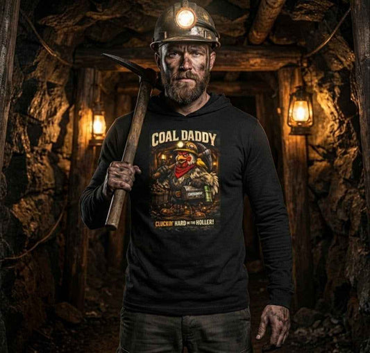 Coal Daddy “Cluckin’ Hard in the Holler”  Long sleeve hooded T-Shirt – Coop Daddy Underground Edition Black Graphic Long Sleeve Tee | ChickenPop Apparel