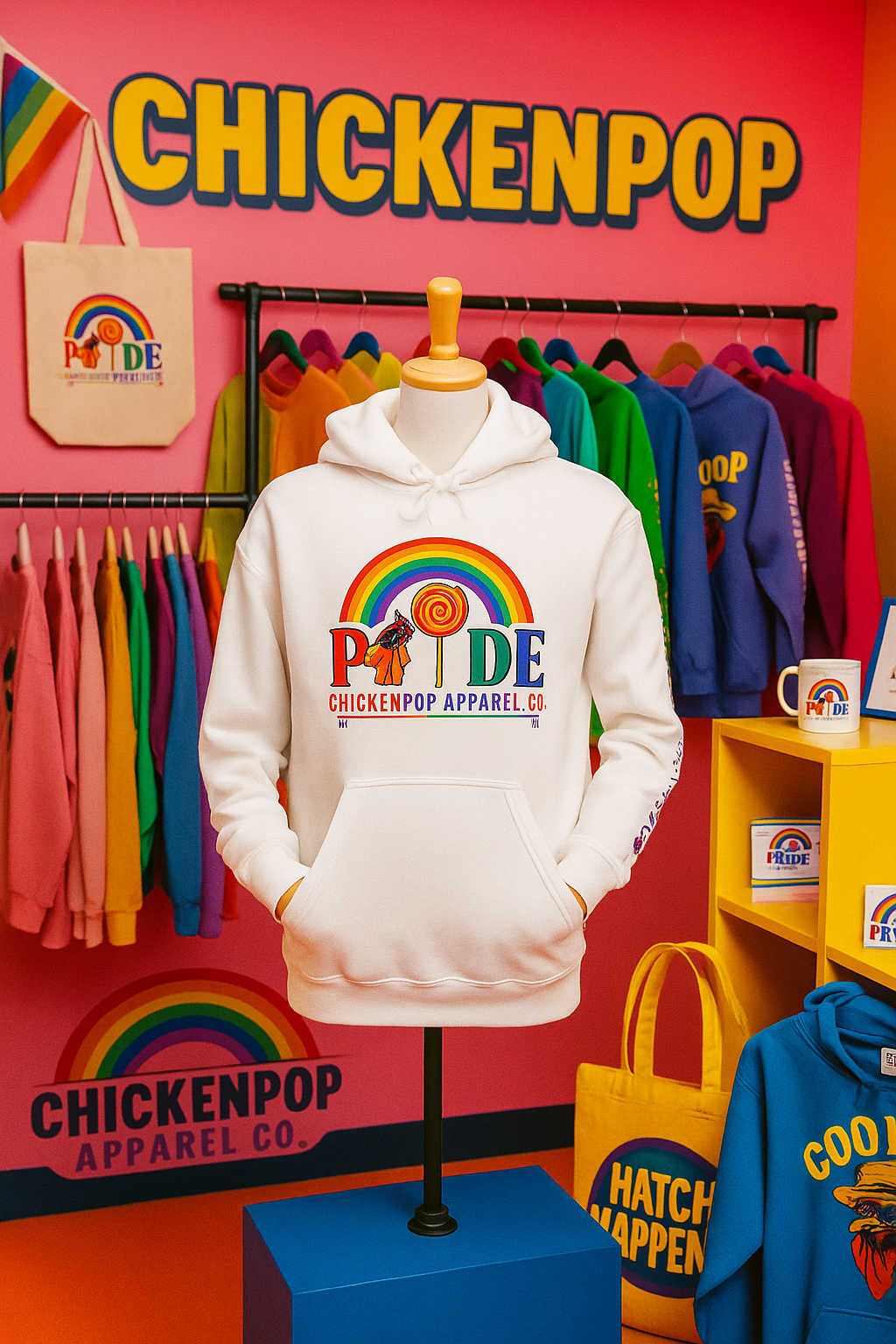Pride Month Hoodie – ChickenPop Apparel | Rainbow Logo with Coop Daddy – Unisex LGBTQ+ Sweatshirt