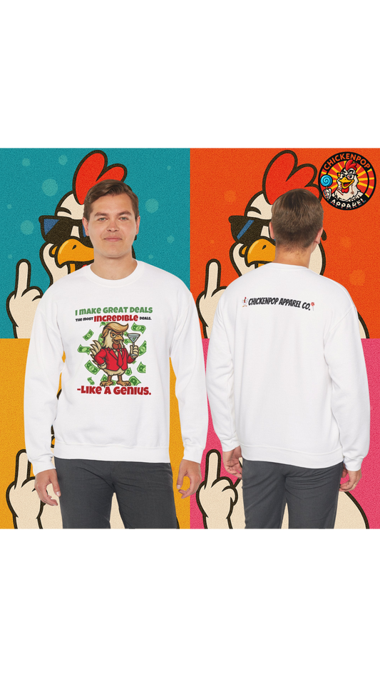 Like A Genius Crewneck Sweatshirt – Funny Political Graphic Pullover | Unisex Heavy Blend with ChickenPop Logo | Ethically Made & Cozy Cold-Weather Humor