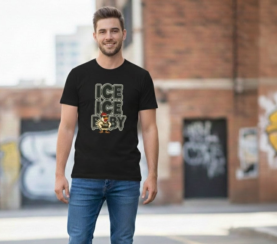 🧊 ICE ICE BABY Funny Chicken T-Shirt – Coop Daddy Parody Tee for Music & Poultry Fans