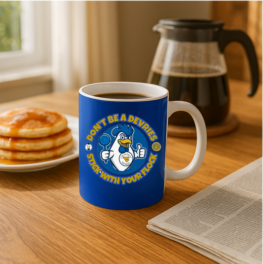 Don’t Be A Devries Mug – Stick With Your Flock Funny Coffee Mug – Bold Yellow Ceramic Mug for Fans & Loyal Flock Blue