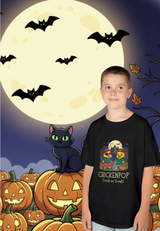 Trick or Treat Kids Halloween Tee | ChickenPop Lil’ Cluckers Sunny & Scramble Halloween Shirt