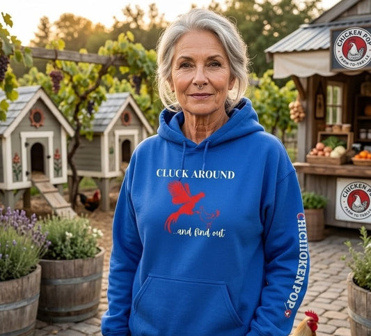 Cluck Around and Find Out Hoodie – Naughty Funny Chicken Hoodie with ChickenPop Logo Sleeve | Bold Unisex Graphic Sweatshirt