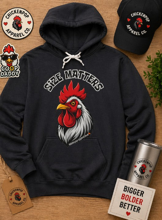 SIZE MATTERS Hoodie | Funny Chicken Apparel  Bold Rooster Pullover