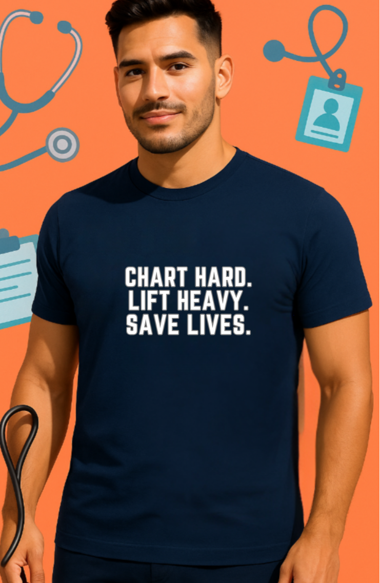 Chart Hard. Lift Heavy. Save Lives. Nurse Tee | Funny Fitness Healthcare Worker Shirt | Gym RN Apparel