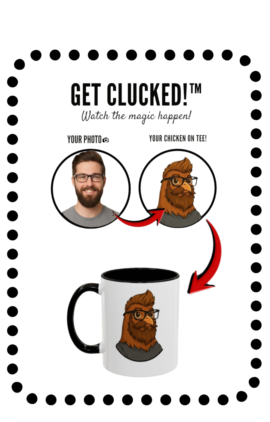 Get Clucked™ Custom Photo Chicken Mug – Personalized Cartoon Portrait Coffee Cup – Funny Gift for Couples, Friends & Pet Lovers
