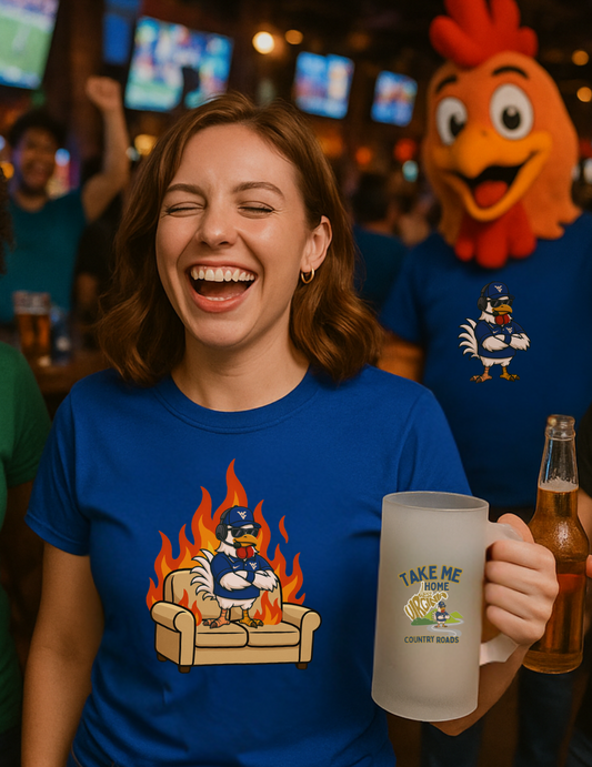 Big Rich Energy Couch Burning Shirt | Funny WVU Mountaineers Football Coach Tee | Morgantown Tradition Apparel