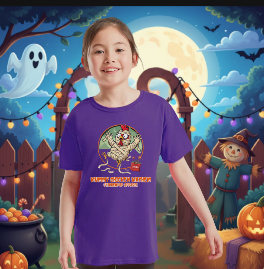 Mummy Chicken Mayhem T-Shirt: Funny Halloween Chicken Costume Shirt | Lil' Cluckers Spooky Apparel