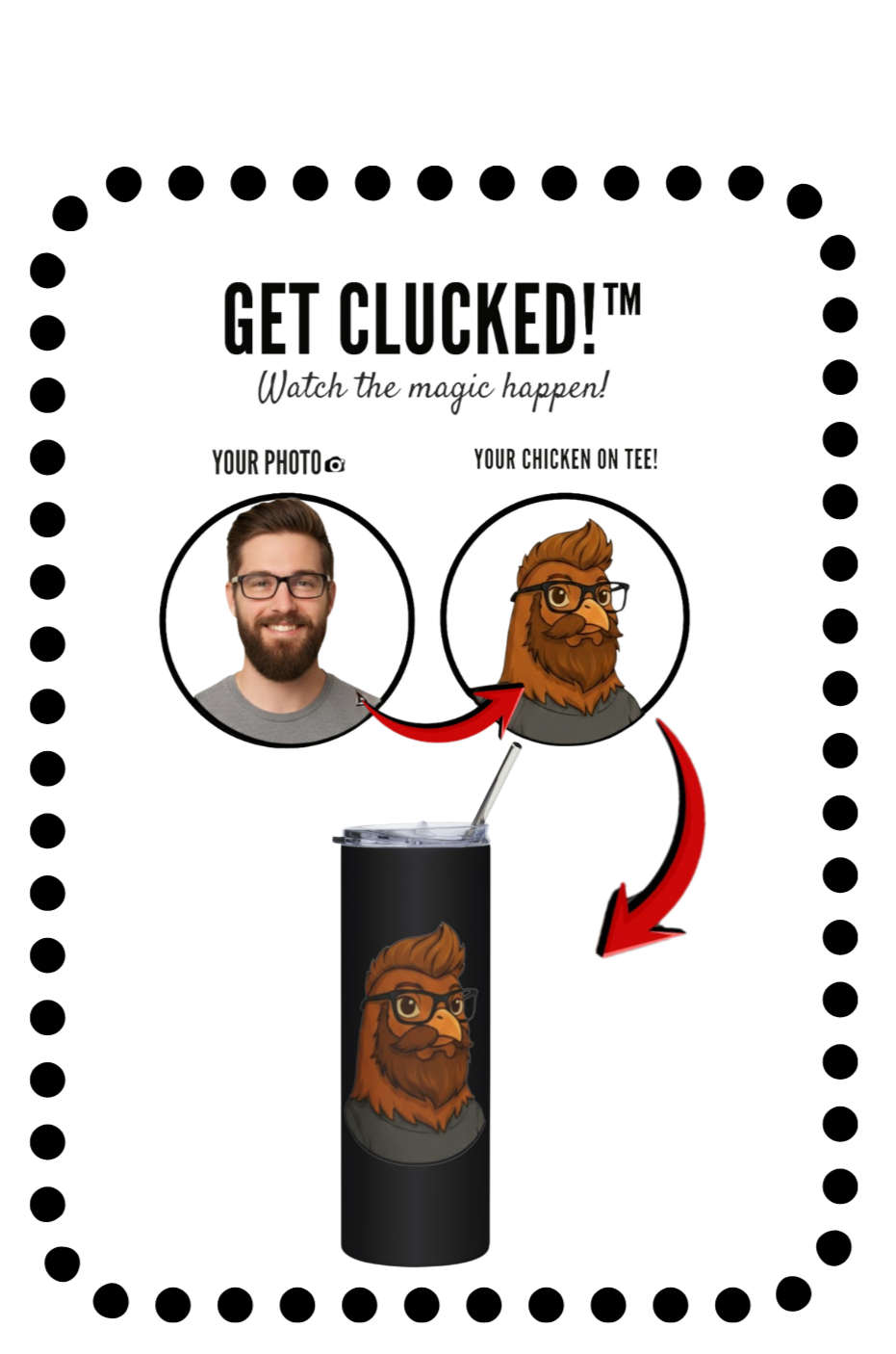 Get Clucked™ Custom Photo Chicken Tumbler – Personalized Cartoon Portrait 20 oz Stainless Steel Cup – Funny Valentine’s Gift for Couples & Friends