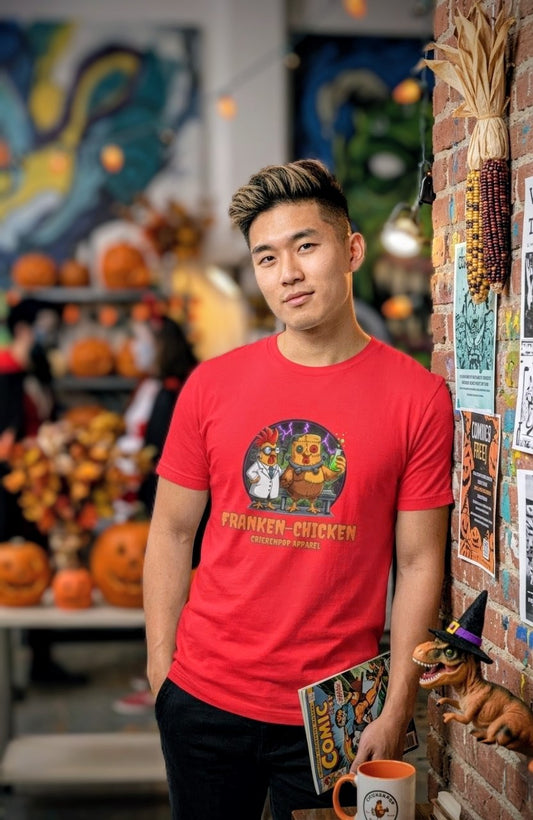 ChickenPop Apparel Franken-Chicken T-Shirt | Mad Scientist Poultry Halloween Tee | Funny Rooster Monster Shirt | Spooky Science Gift